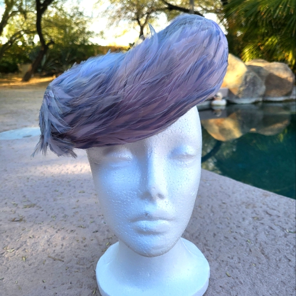 Vintage baby blue feather hat fascinator hair piece accessory dapper day derby
